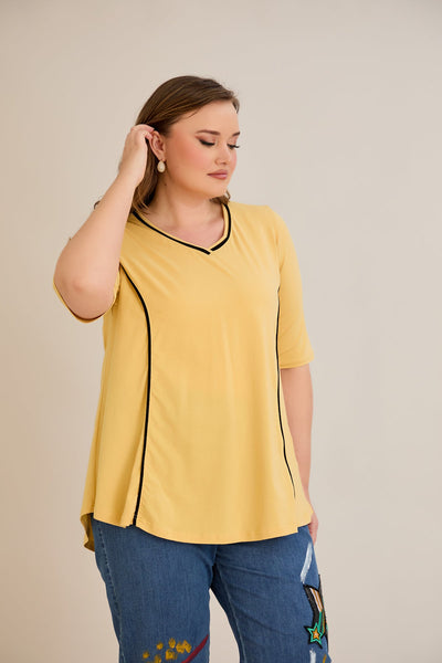 Bluza marime mare din bumbac linia A si maneci contrastante - ocru