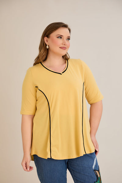 Bluza marime mare din bumbac linia A si maneci contrastante - ocru