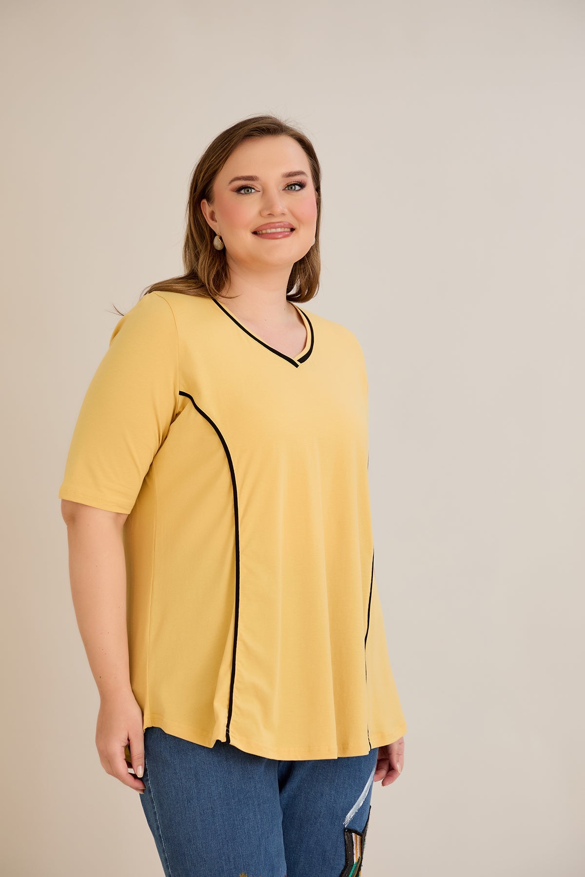 Bluza marime mare din bumbac linia A si maneci contrastante - ocru