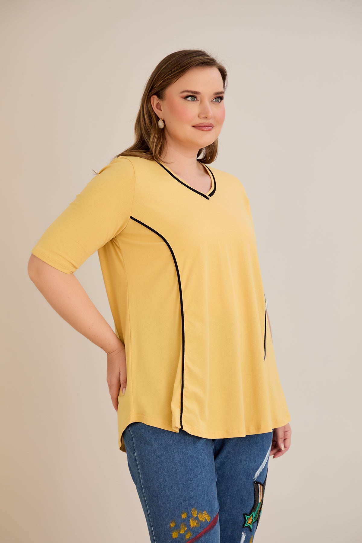 Bluza marime mare din bumbac linia A si maneci contrastante - ocru