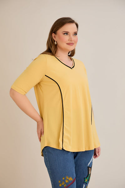 Bluza marime mare din bumbac linia A si maneci contrastante - ocru