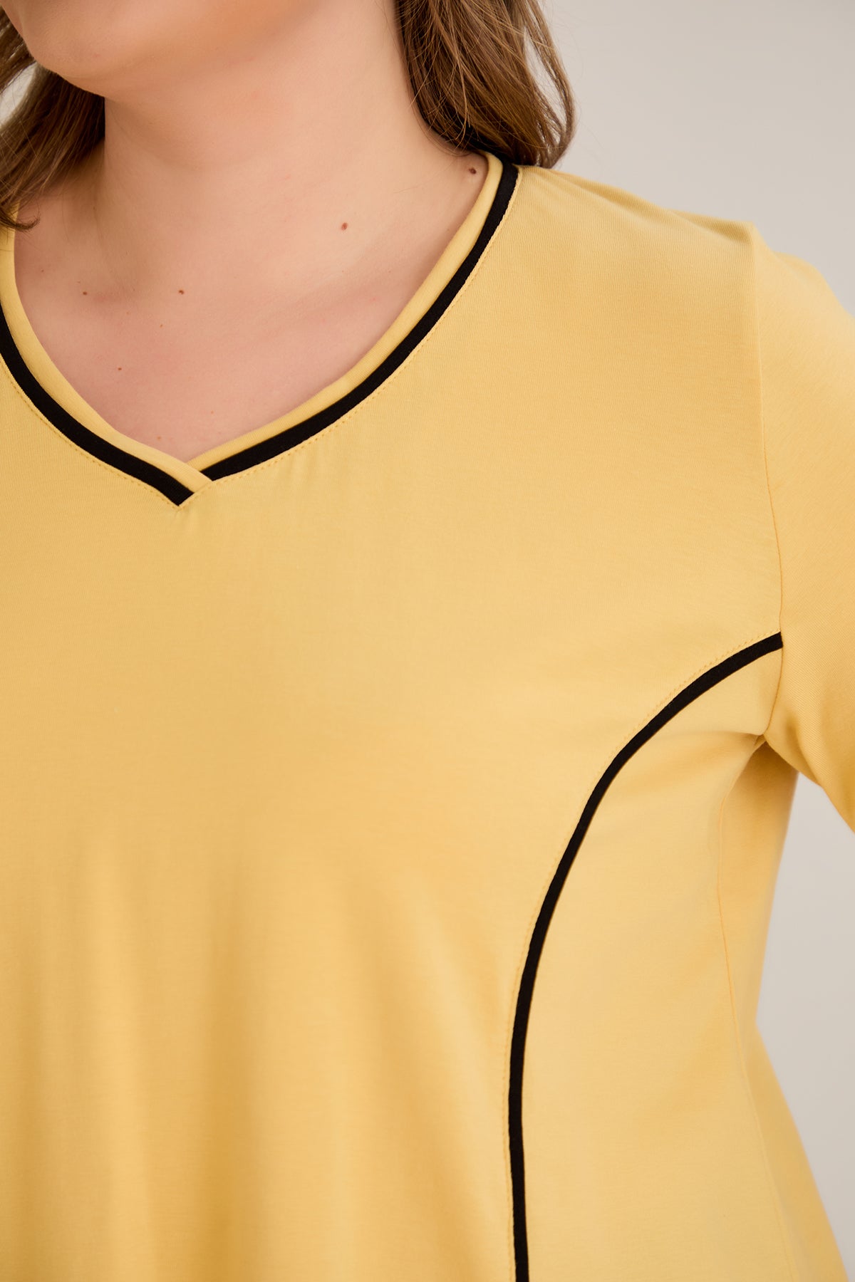 Bluza marime mare din bumbac linia A si maneci contrastante - ocru