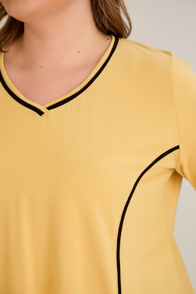 Bluza marime mare din bumbac linia A si maneci contrastante - ocru