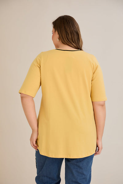 Bluza marime mare din bumbac linia A si maneci contrastante - ocru