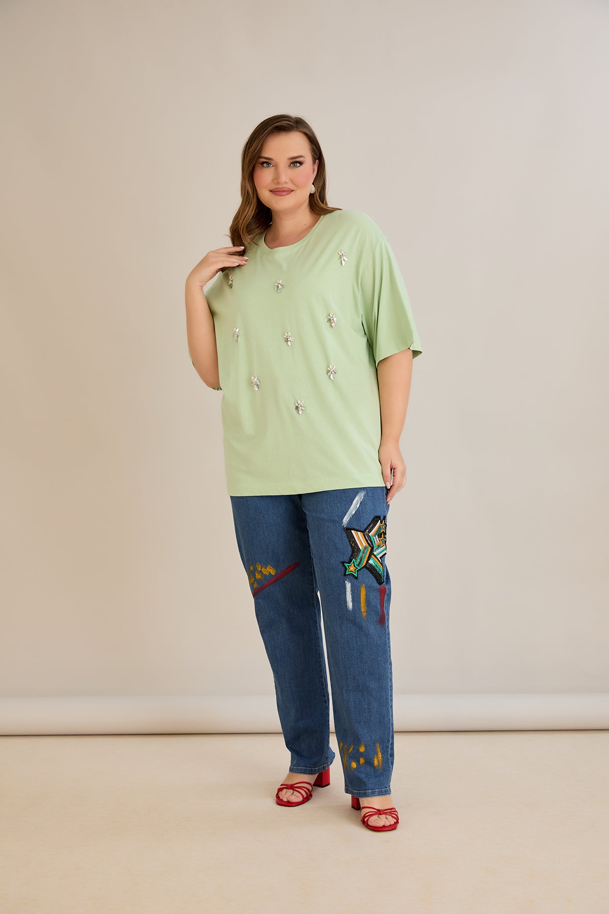 Tricou marime mare supradimensionat din bumbac cu decoratiuni - 10967