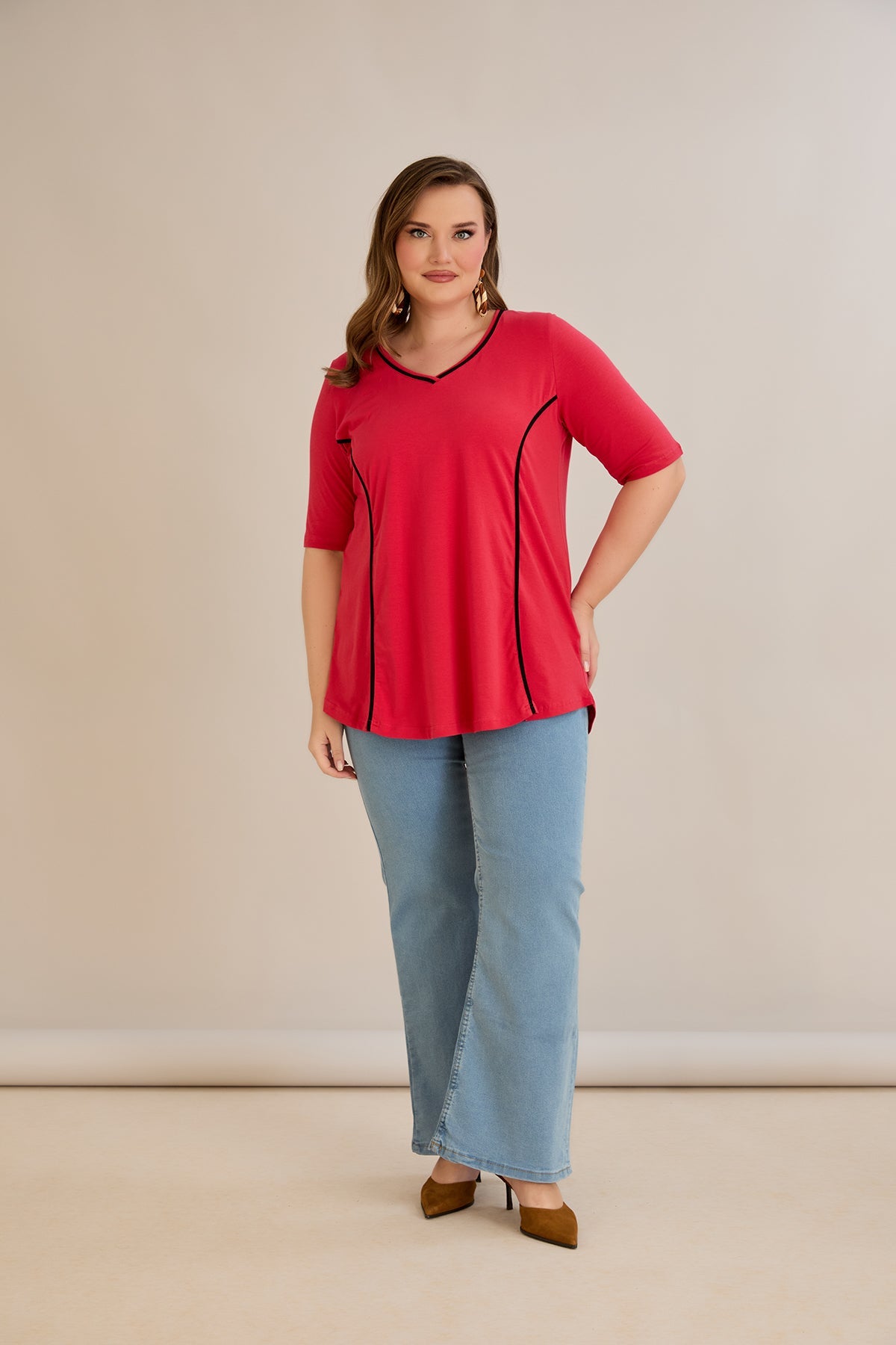 Bluza marime mare din bumbac linia A si maneci contrastante - coral