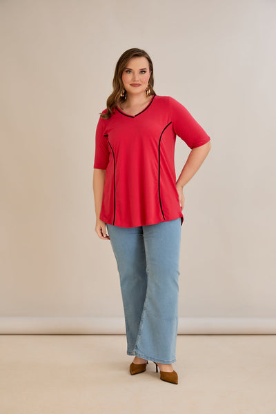 Bluza marime mare din bumbac linia A si maneci contrastante - coral