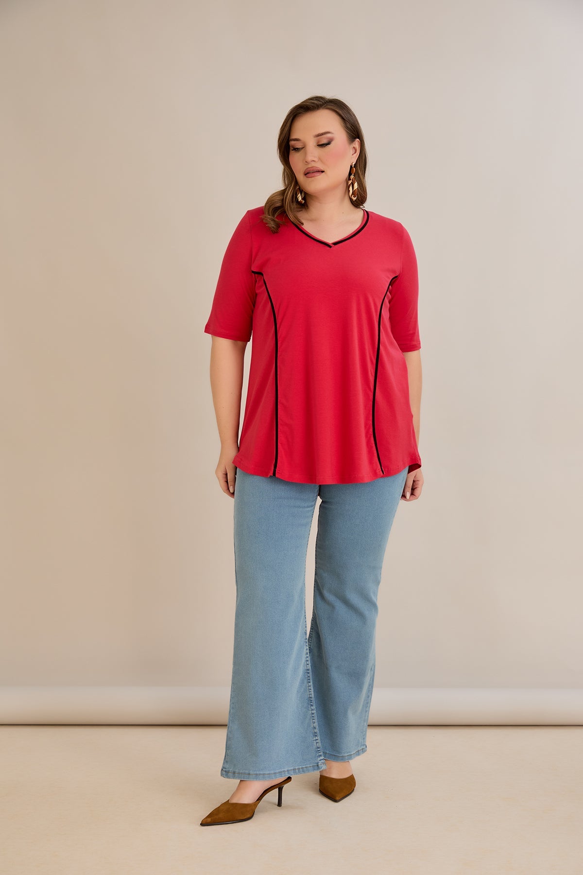 Bluza marime mare din bumbac linia A si maneci contrastante - coral