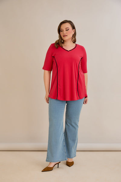 Bluza marime mare din bumbac linia A si maneci contrastante - coral