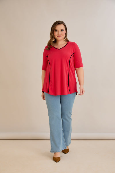 Bluza marime mare din bumbac linia A si maneci contrastante - coral