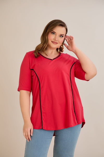 Bluza marime mare din bumbac linia A si maneci contrastante - coral
