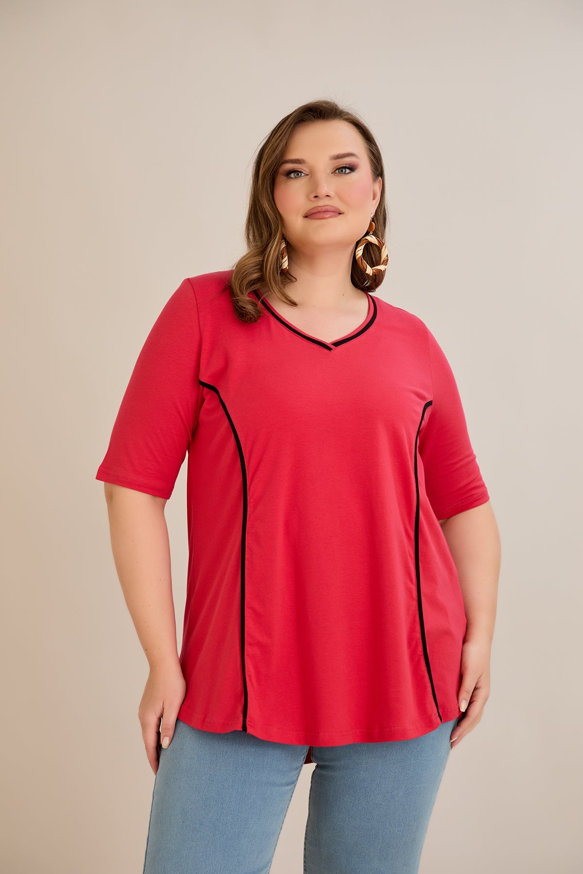 Bluza marime mare din bumbac linia A si maneci contrastante - coral