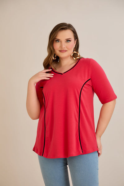 Bluza marime mare din bumbac linia A si maneci contrastante - coral