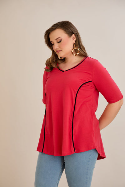 Bluza marime mare din bumbac linia A si maneci contrastante - coral