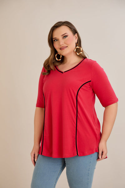 Bluza marime mare din bumbac linia A si maneci contrastante - coral