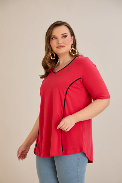 Bluza marime mare din bumbac linia A si maneci contrastante - coral