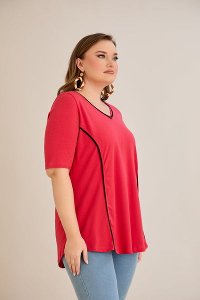 Bluza marime mare din bumbac linia A si maneci contrastante - coral