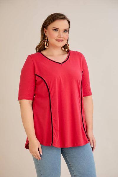 Bluza marime mare din bumbac linia A si maneci contrastante - coral