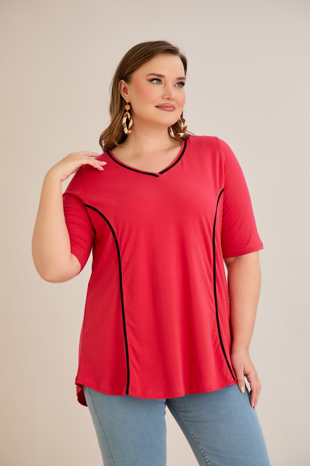 Bluza marime mare din bumbac linia A si maneci contrastante - coral