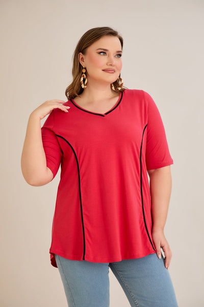 Bluza marime mare din bumbac linia A si maneci contrastante - coral
