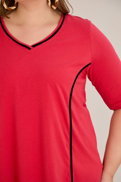 Bluza marime mare din bumbac linia A si maneci contrastante - coral
