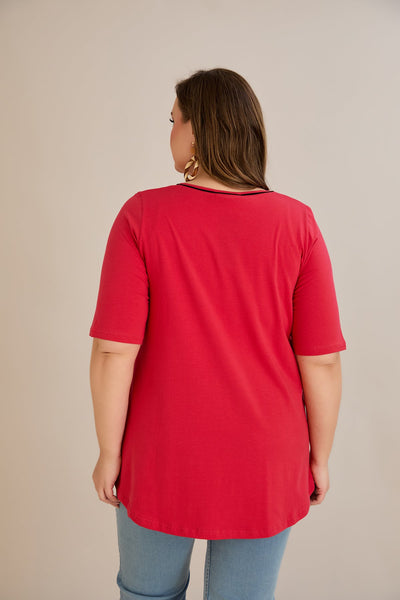 Bluza marime mare din bumbac linia A si maneci contrastante - coral