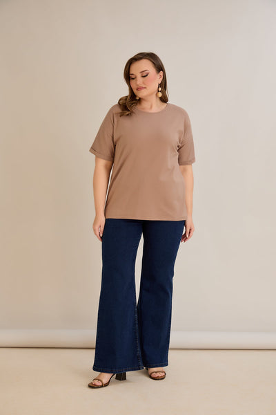 Tricou marime mare din bumbac Clasic - moca