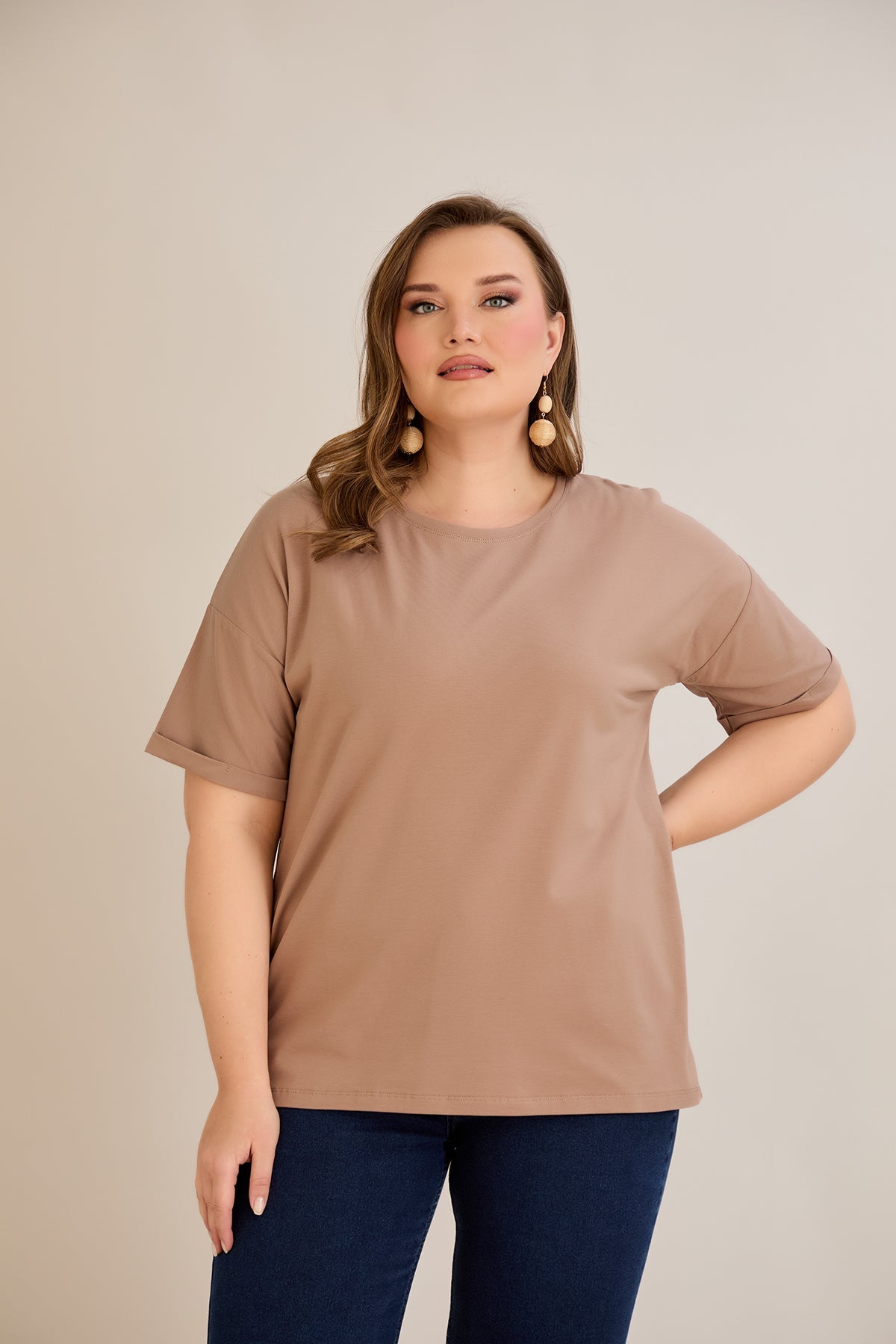 Tricou marime mare din bumbac Clasic - moca