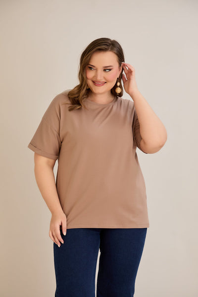 Tricou marime mare din bumbac Clasic - moca