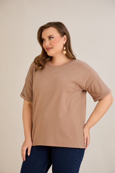 Tricou marime mare din bumbac Clasic - moca