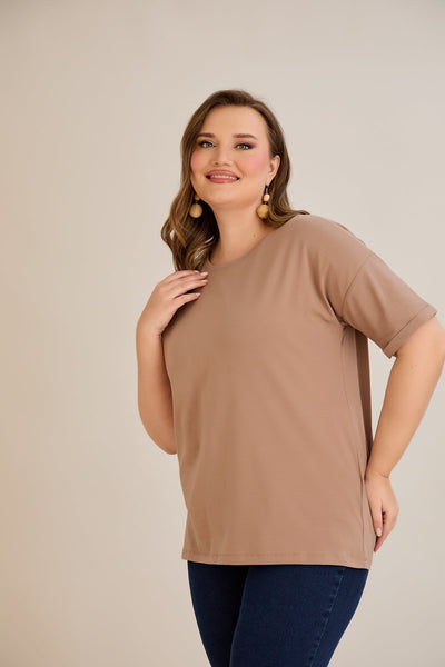 Tricou marime mare din bumbac Clasic - moca
