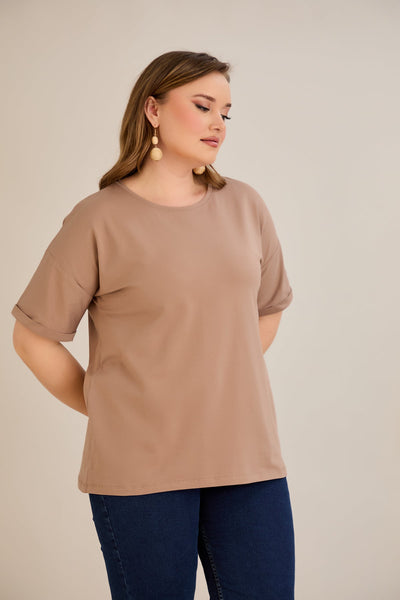 Tricou marime mare din bumbac Clasic - moca