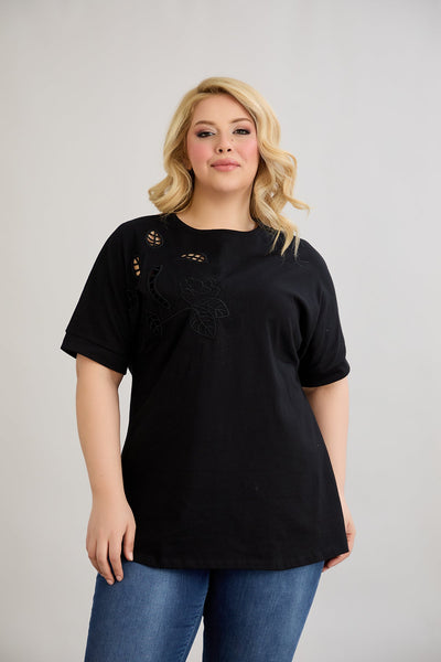 Bluza marime mare din bumbac cu broderie - negru