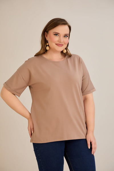 Tricou marime mare din bumbac Clasic - moca