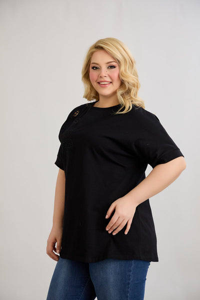 Bluza marime mare din bumbac cu broderie - negru