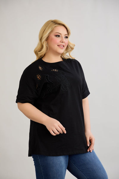 Bluza marime mare din bumbac cu broderie - negru