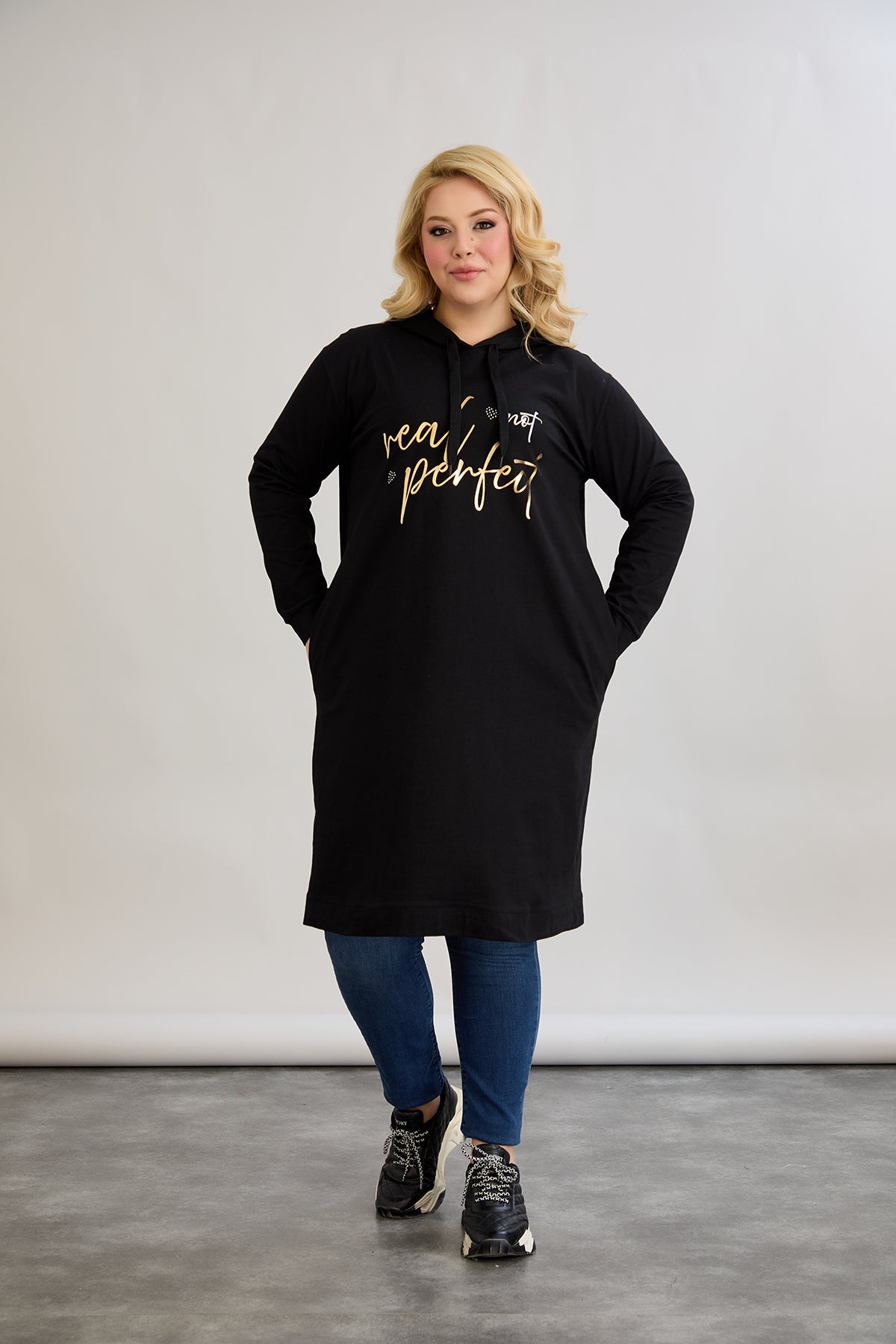 Rochie-tunica marime mare din bumbac cu inscriptie aurie Real Love