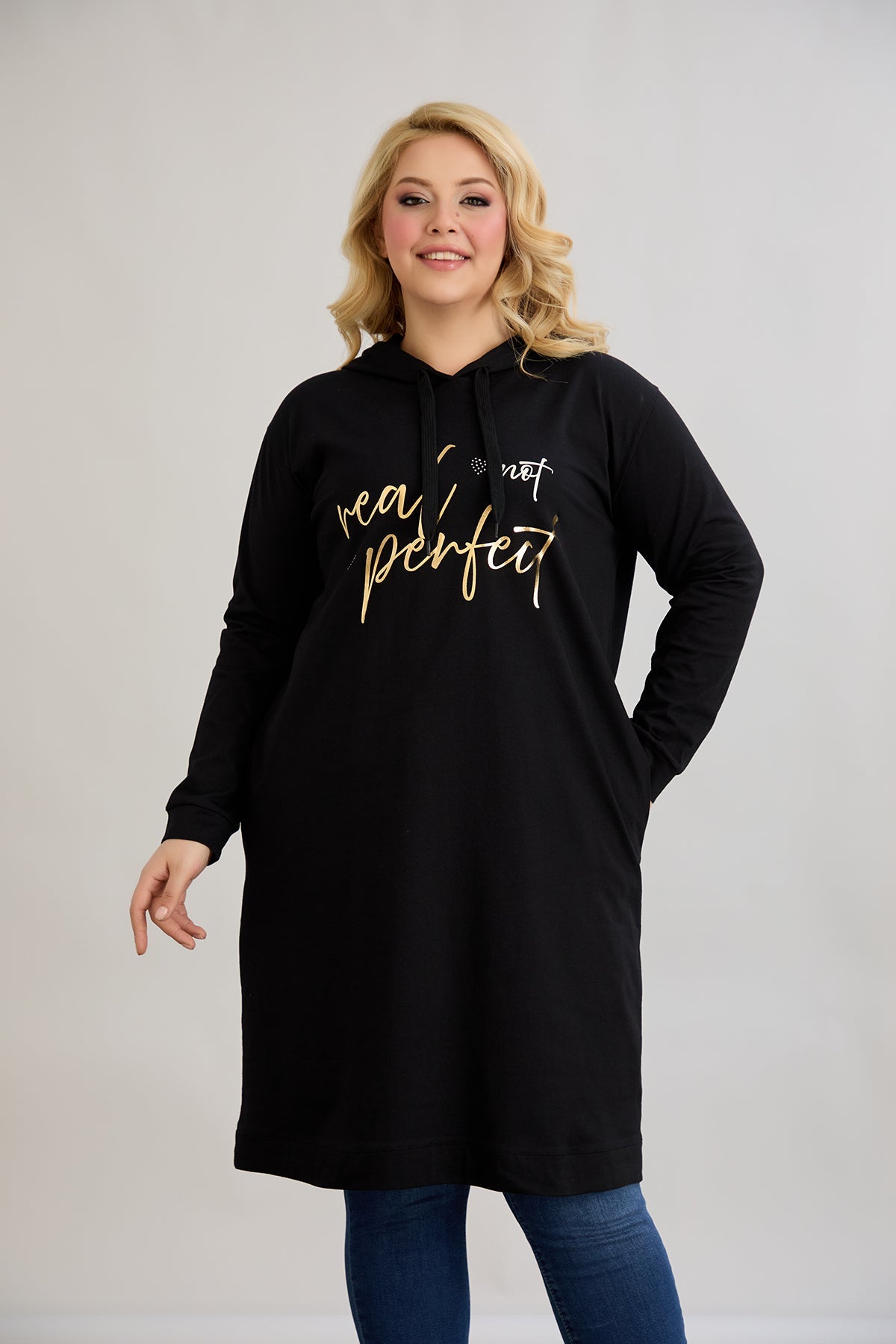 Rochie-tunica marime mare din bumbac cu inscriptie aurie Real Love