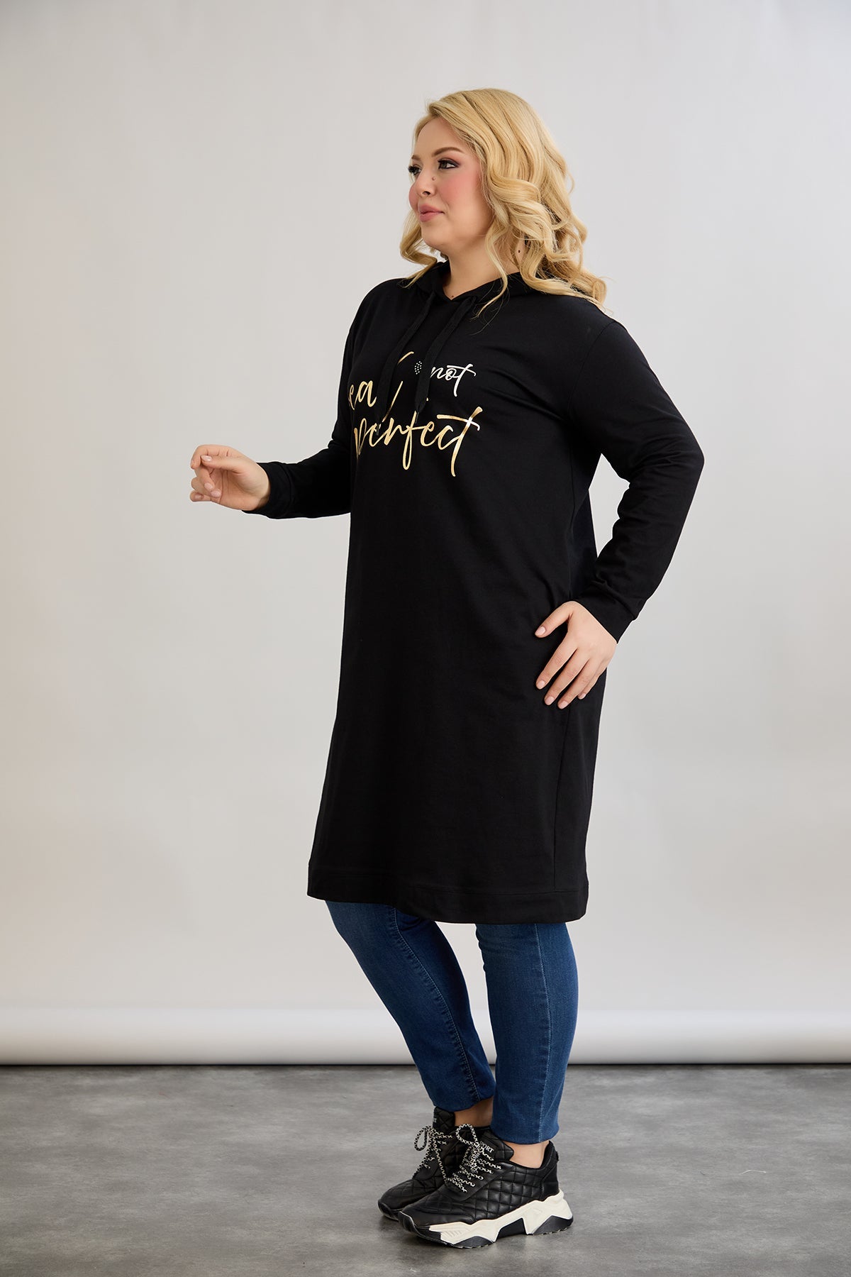 Rochie-tunica marime mare din bumbac cu inscriptie aurie Real Love