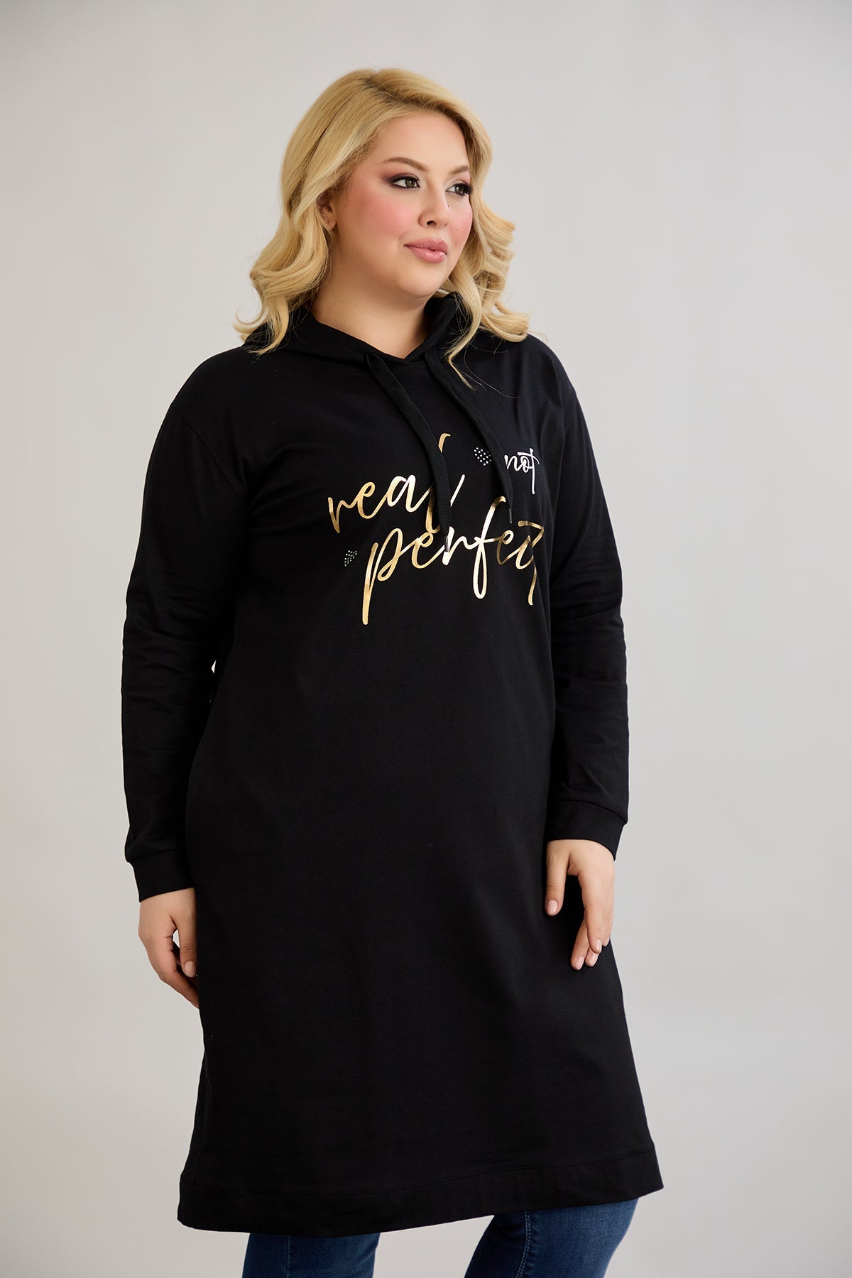 Rochie-tunica marime mare din bumbac cu inscriptie aurie Real Love