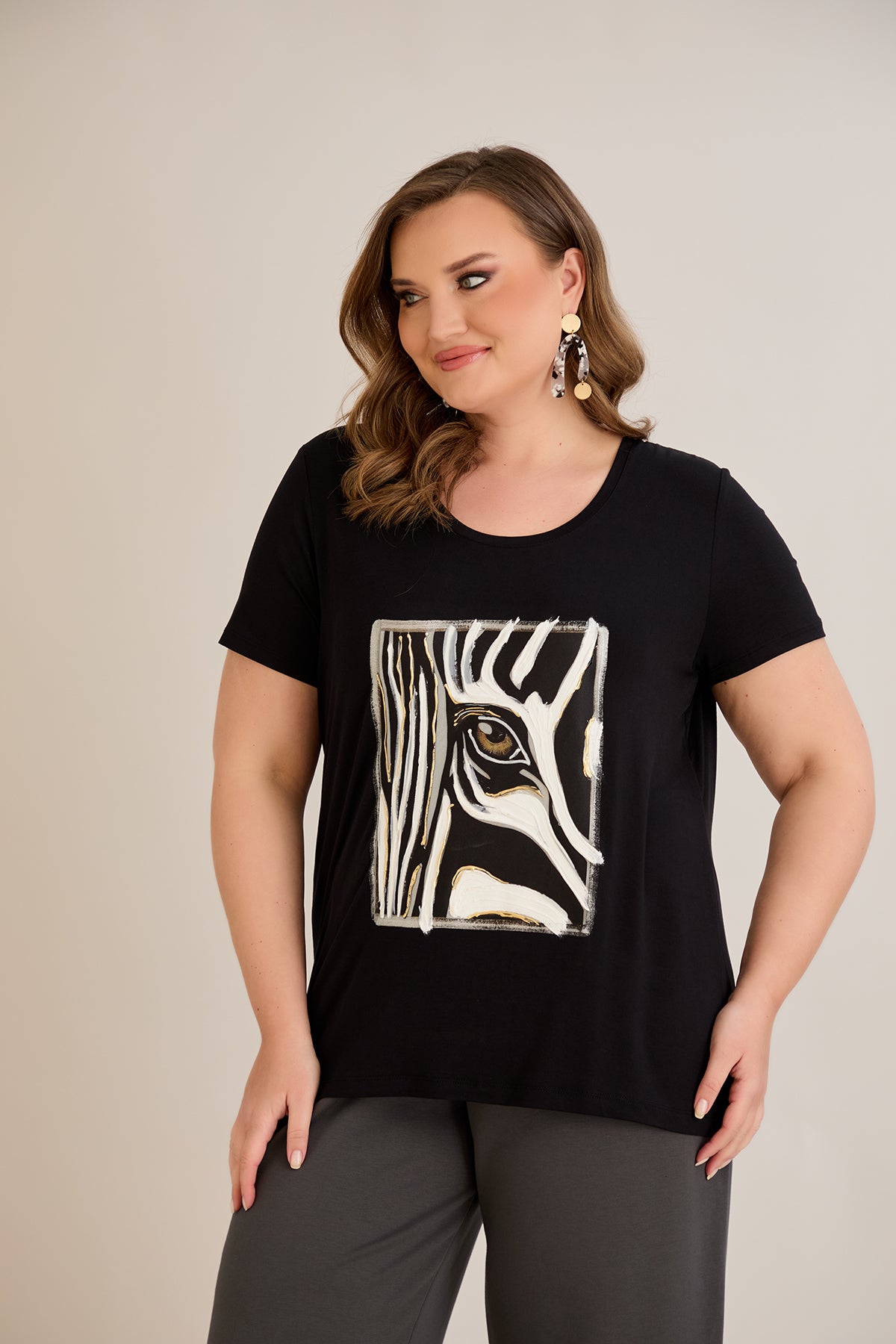 Tricou marime mare din viscoza cu imprimeu pictat I - Zebra 10881