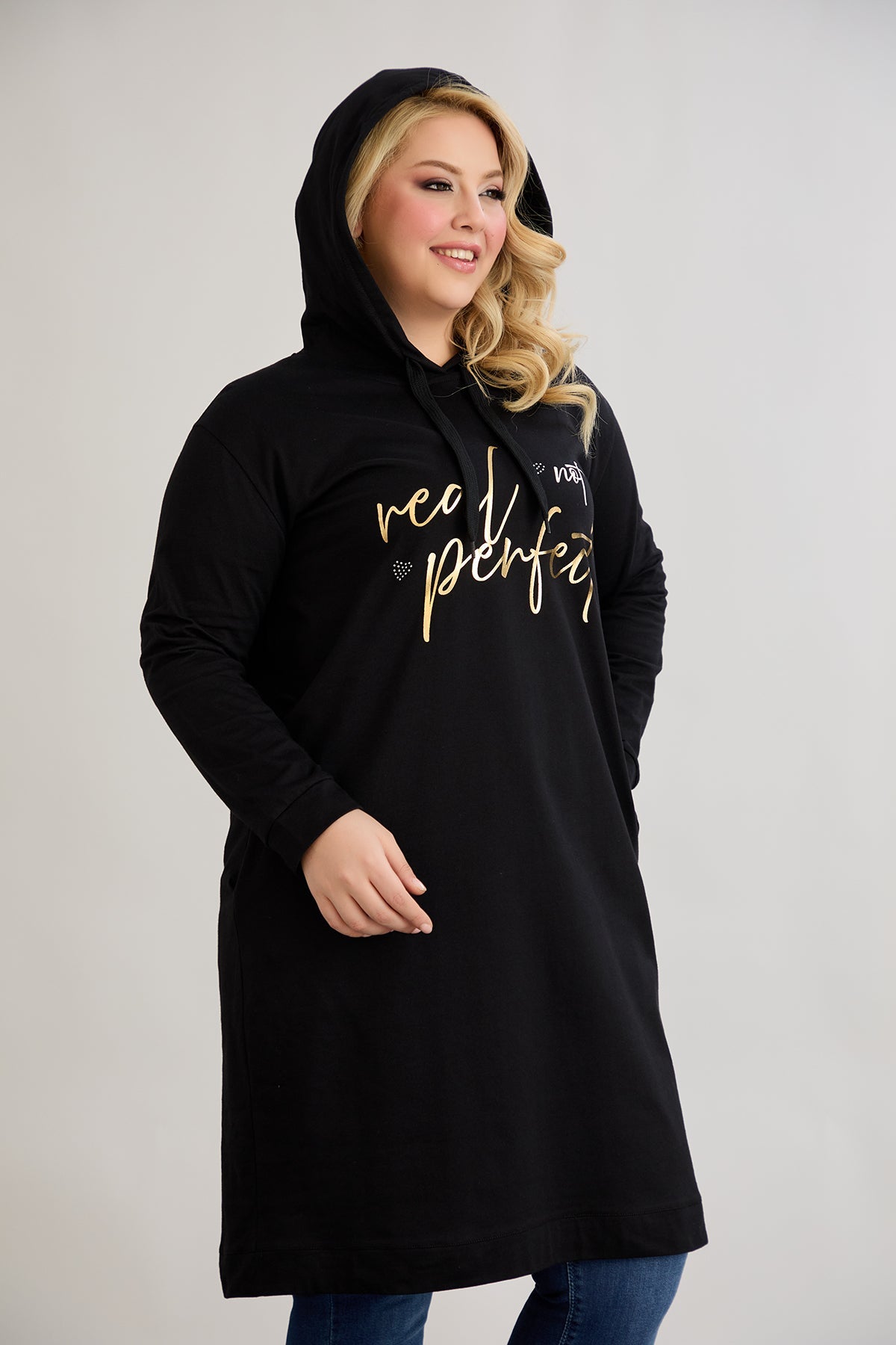 Rochie-tunica marime mare din bumbac cu inscriptie aurie Real Love