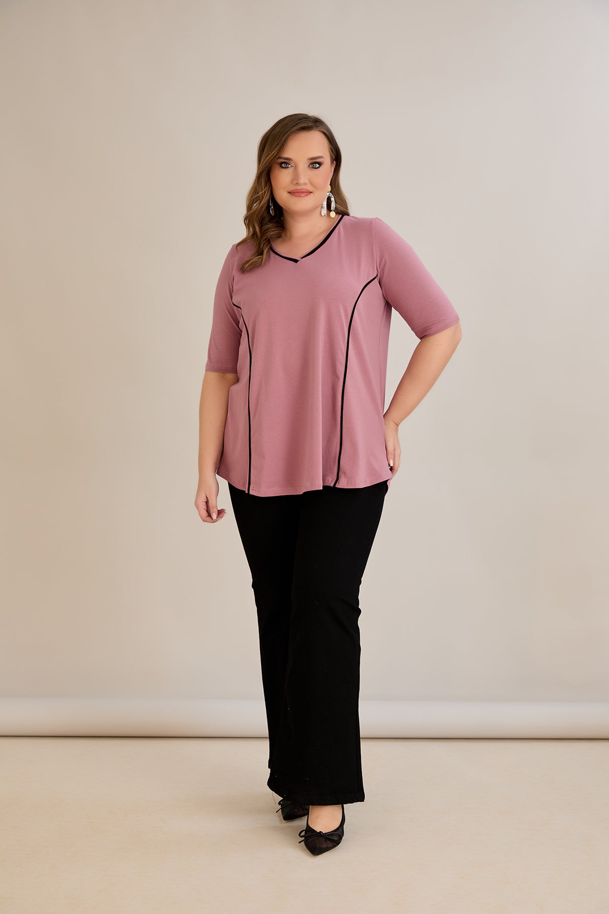 Bluza marime mare din bumbac linia A si maneci contrastante - roz