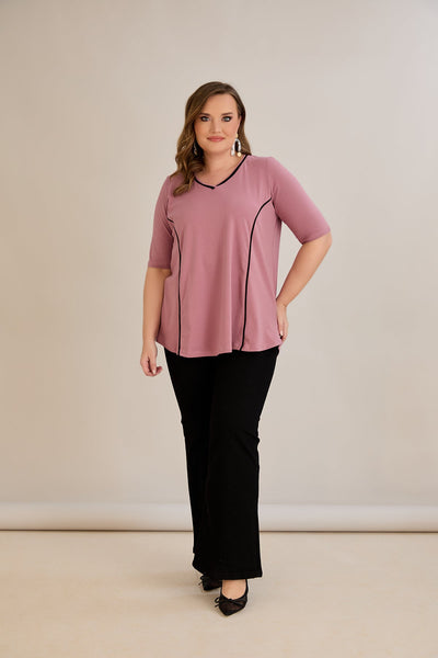 Bluza marime mare din bumbac linia A si maneci contrastante - roz