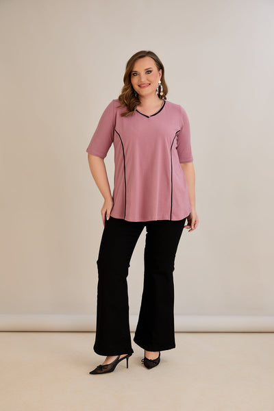 Bluza marime mare din bumbac linia A si maneci contrastante - roz