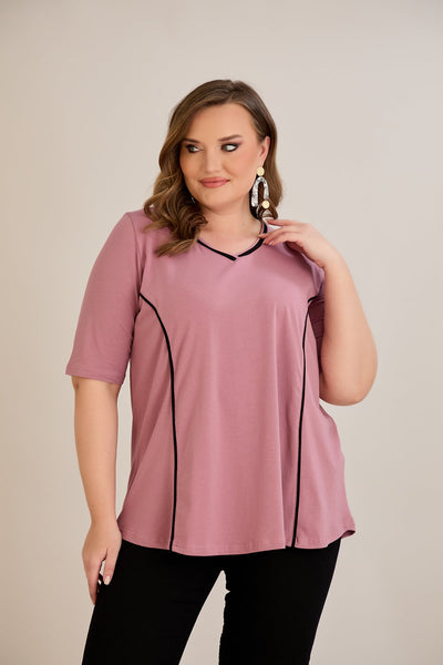 Bluza marime mare din bumbac linia A si maneci contrastante - roz