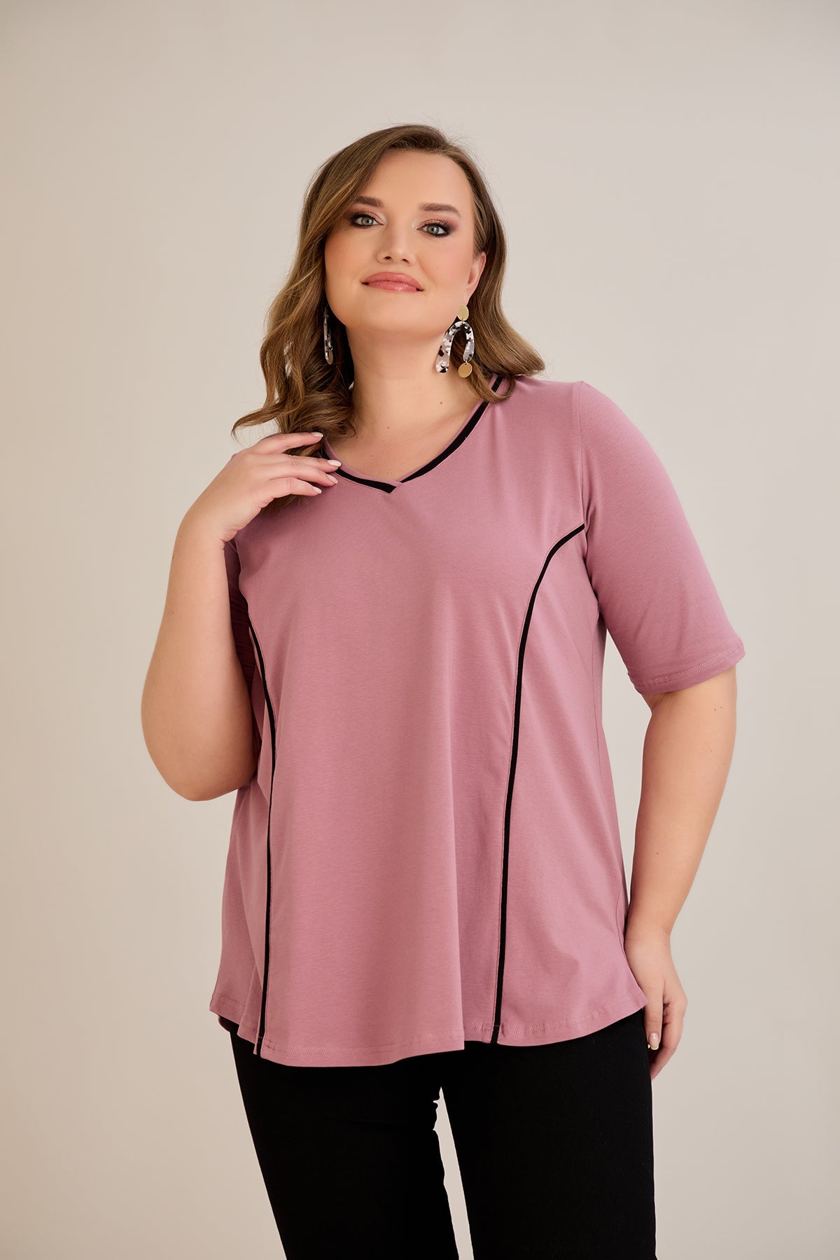 Bluza marime mare din bumbac linia A si maneci contrastante - roz