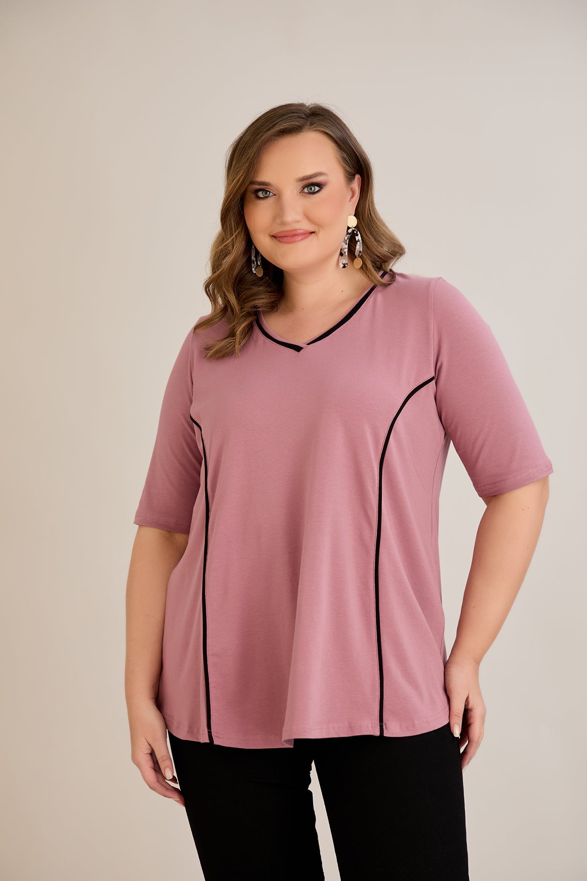 Bluza marime mare din bumbac linia A si maneci contrastante - roz
