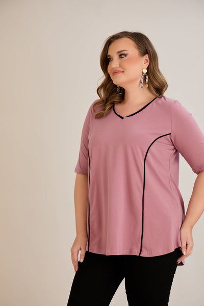 Bluza marime mare din bumbac linia A si maneci contrastante - roz