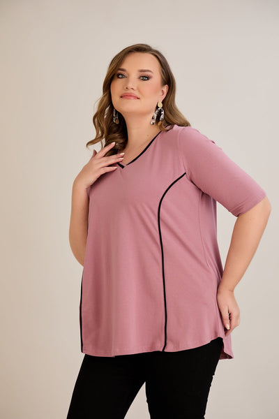 Bluza marime mare din bumbac linia A si maneci contrastante - roz